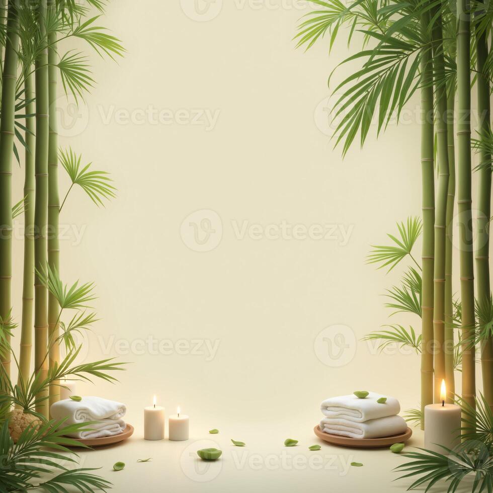 Spa Relaxation with Bamboo Candles and Towels on Beige Background photo