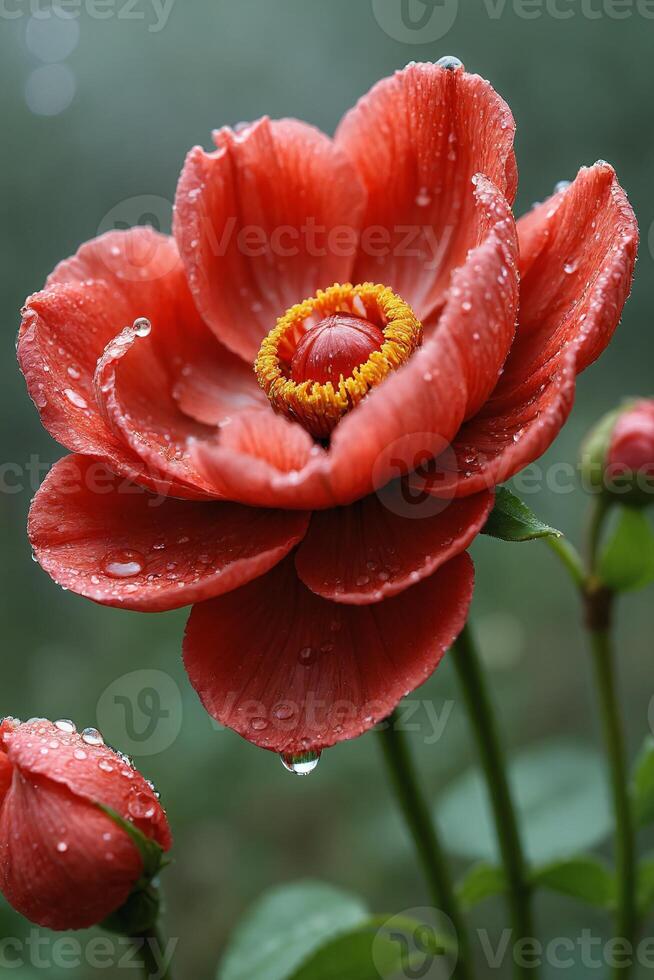 Red Flower with Dew Drops Close Up Macro Photography photo