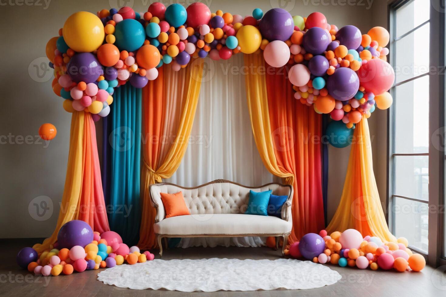 Colorful Balloon Arch with Draped Fabric Backdrop and Sofa photo