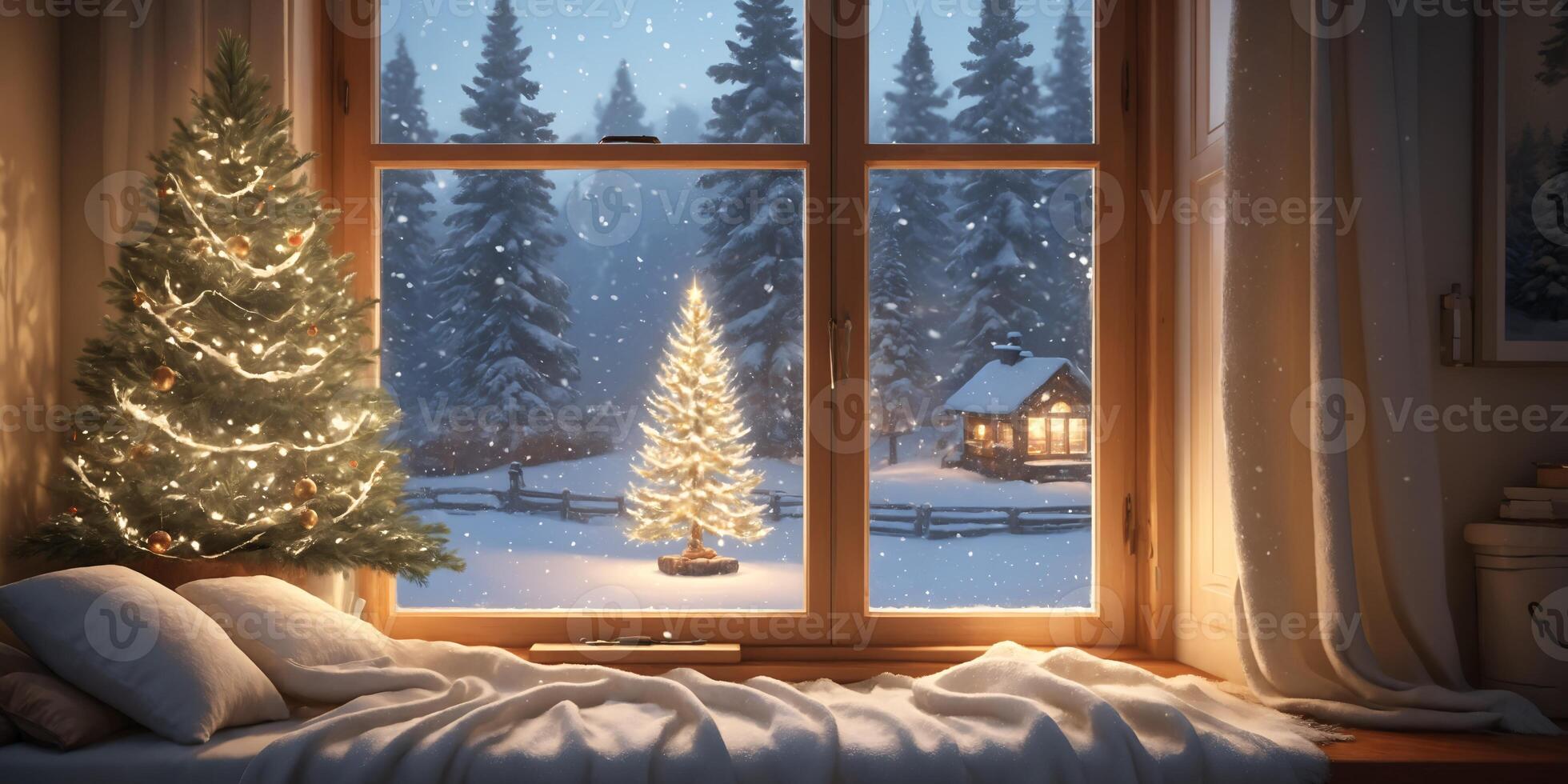Cozy Winter Window View with Christmas Trees and Cabin photo