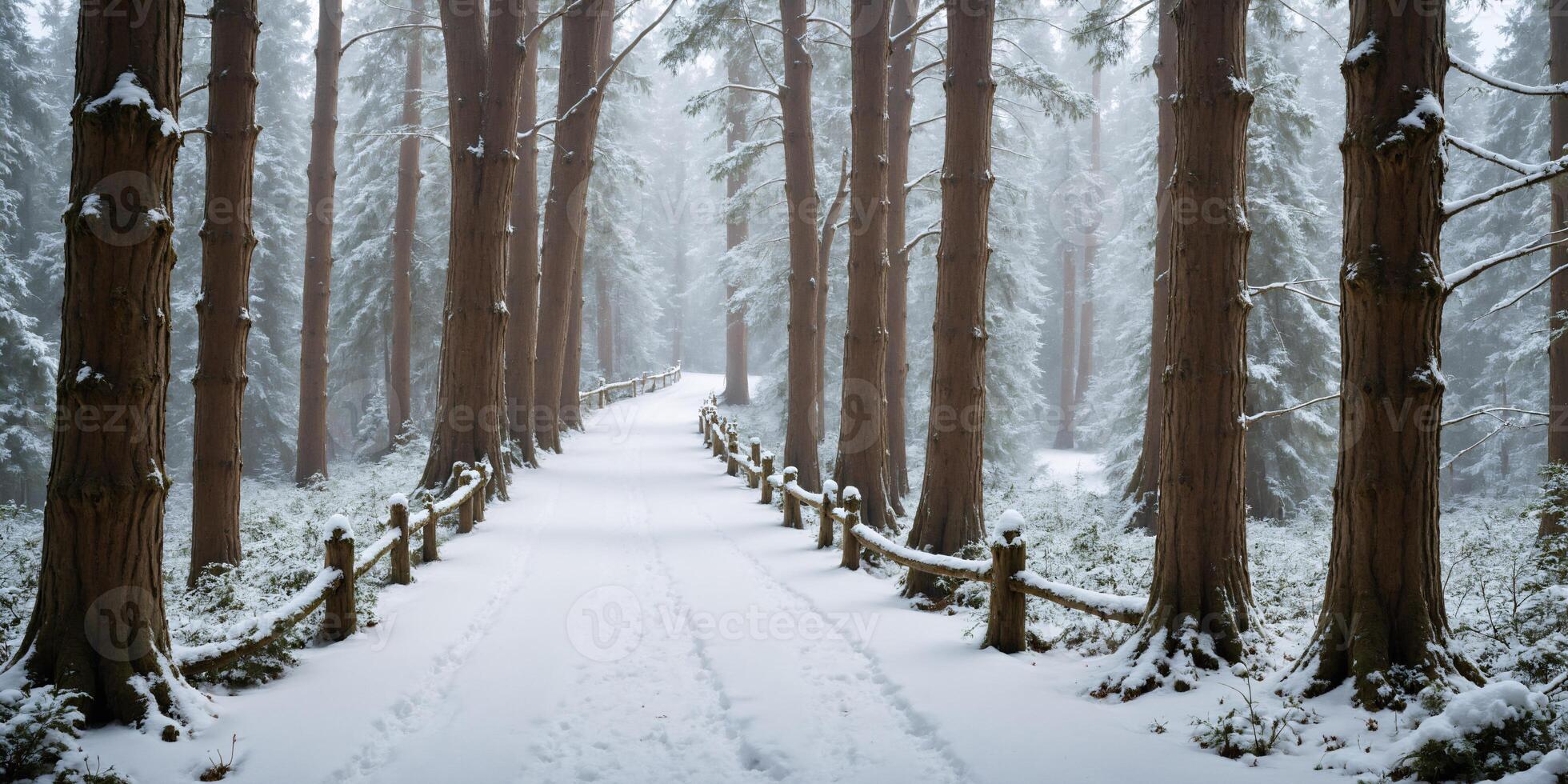 Snow Covered Pathway Through Winter Forest with Fence photo
