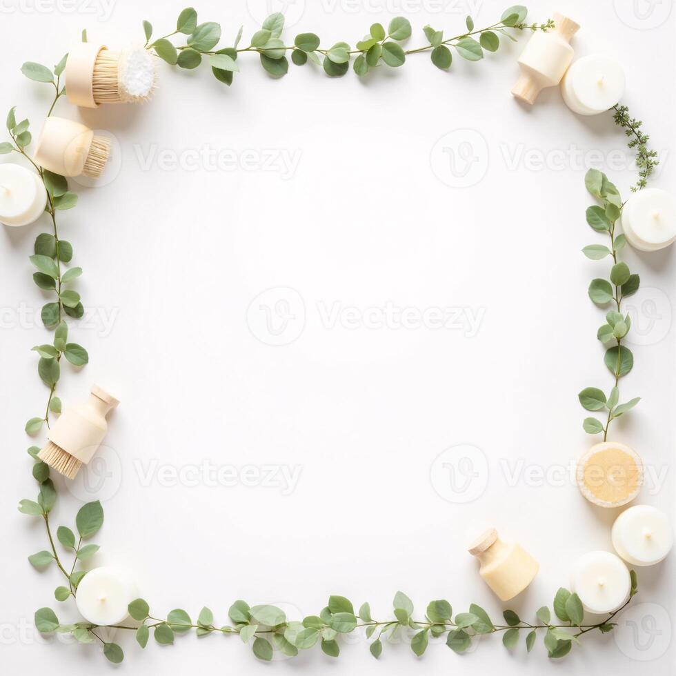 Green Leaves and Spa Products Frame White Background for Branding photo