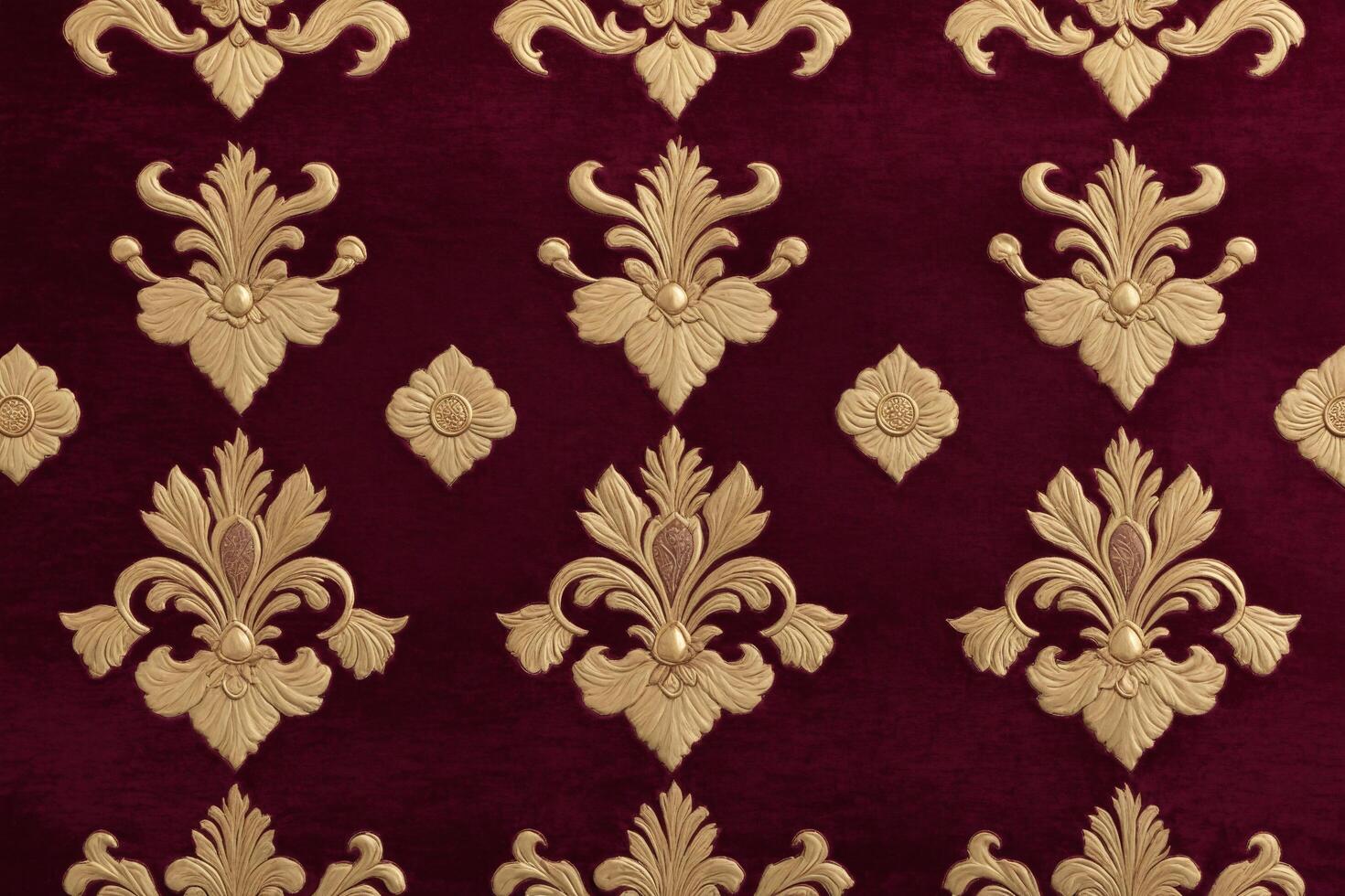 Burgundy Velvet Fabric with Intricate Gold Floral Pattern Elegant Design Luxury Texture photo