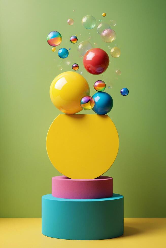 Colorful Abstract Geometric Shapes with Floating Bubbles on Green Background photo