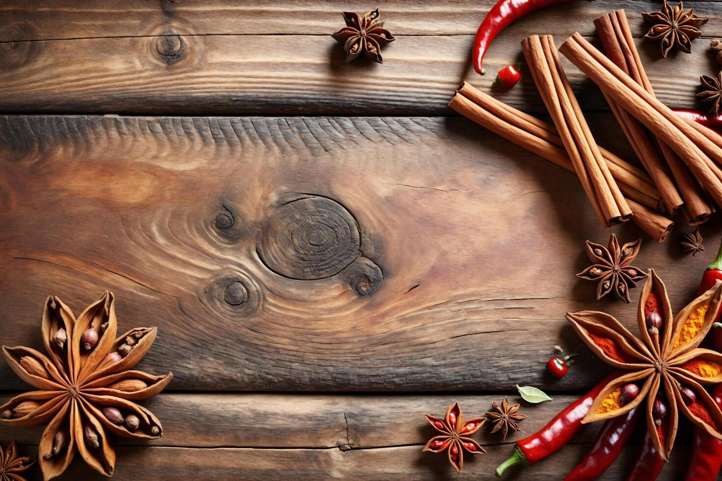 Rustic Wooden Background with Star Anise Cinnamon Sticks and Chili Peppers photo