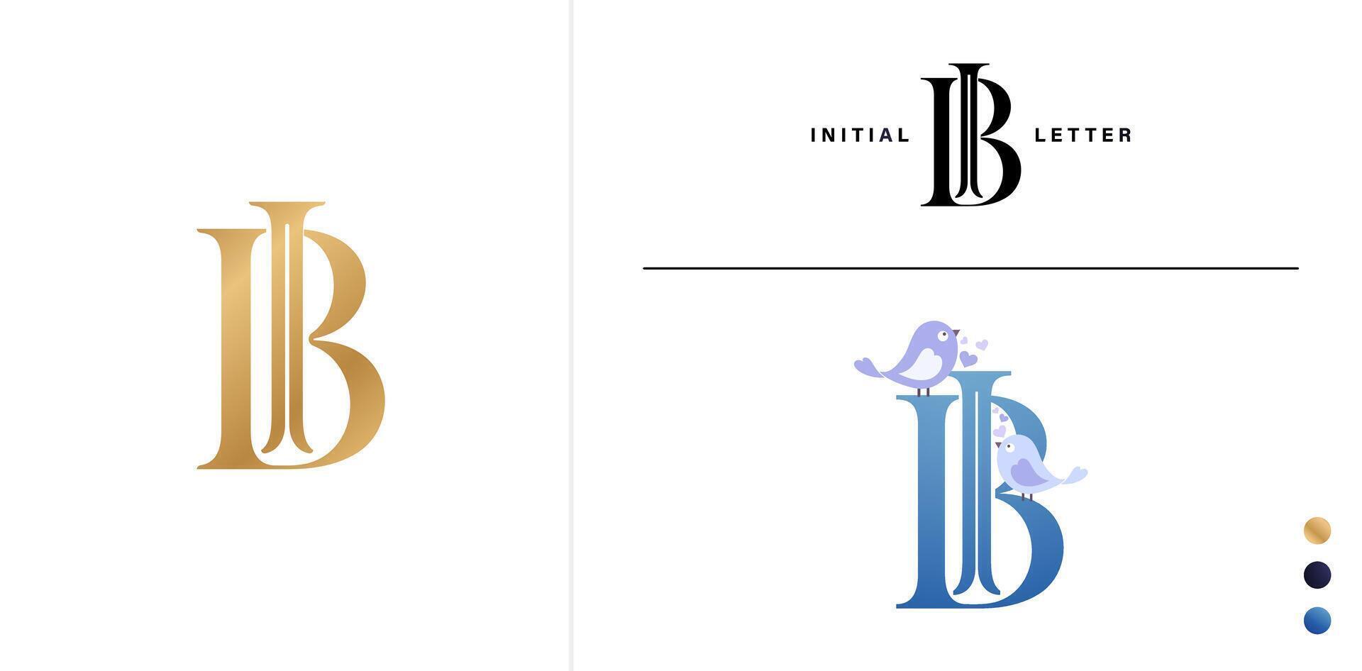IB or BI monogram Letter with bird logo design template and elegant style for advertisement material, collage print, ads campaign marketing, screen printing, letterpress golden foil papers cards vector