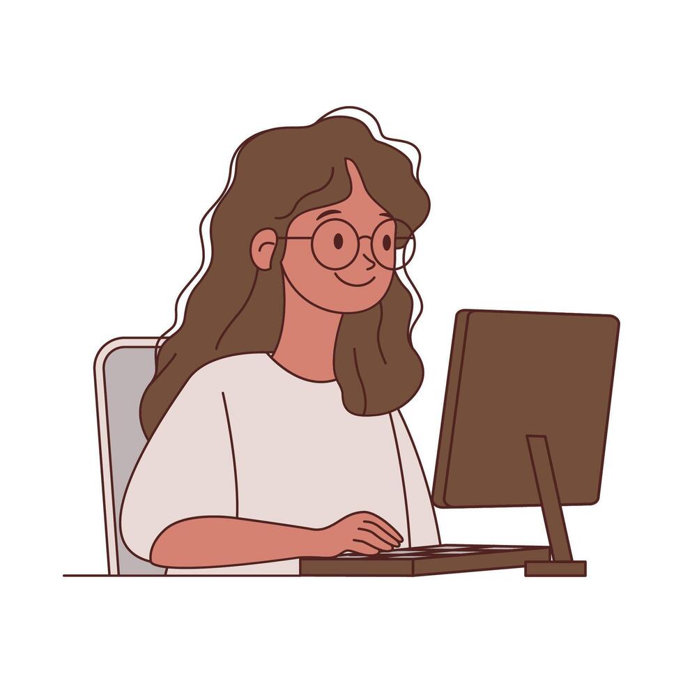 niña empleado dibujos animados personaje mecanografía en teclado trabajando con computadora en oficina vector