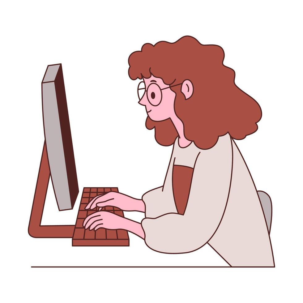 Beautiful Girl Employee Cartoon Character Typing on Keyboard Working with Computer in Workspace vector