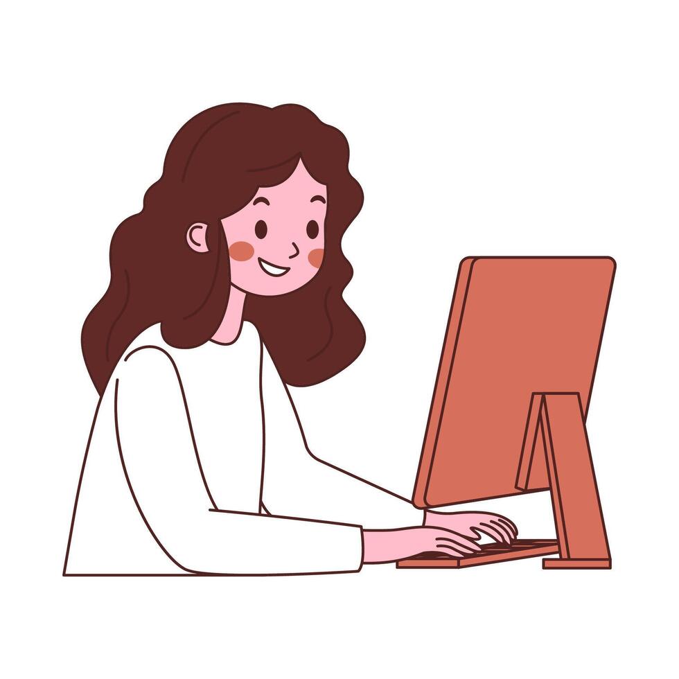Girl Freelancer Cartoon Character Typing on Keyboard Working with Computer While Smiling vector