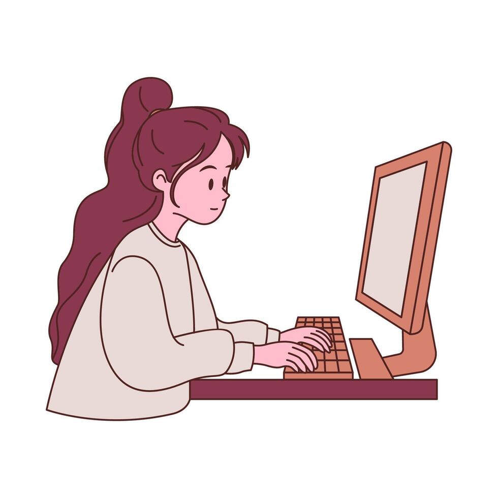 Girl Employee Cartoon Character Typing on Keyboard Working with Computer at Office vector
