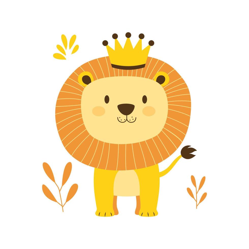 Adorable Lion Leo Animal Cartoon Character Wearing King Crown in the Forest with Happy Expression vector