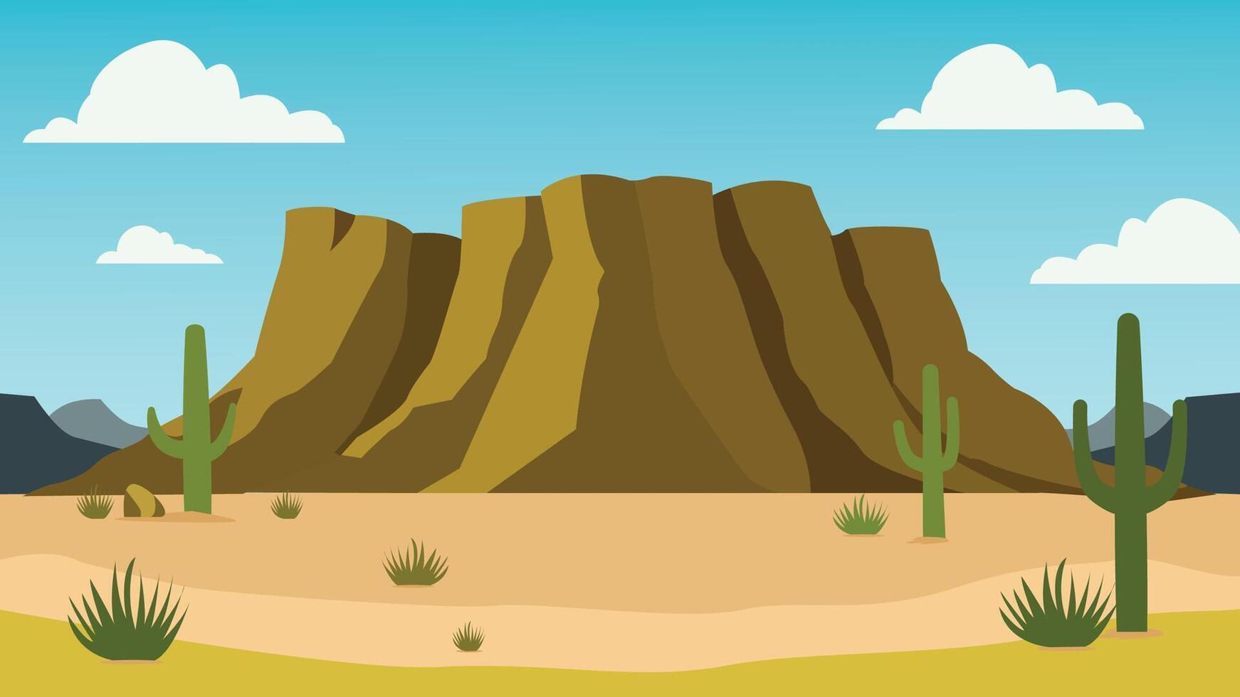 American Desert Outdoor Landscape Wallpaper with Rocky Cliff and Cactus Plant in Bright Sky vector