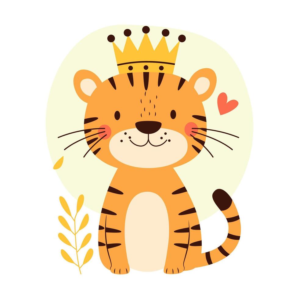 Cute Adorable Baby Tiger Animal Mascot Cartoon Character Wearing King Crown with Happy Expression vector