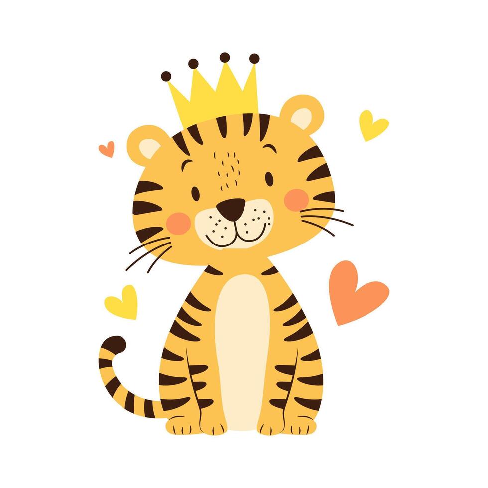 Cute Adorable Baby Tiger Animal Cartoon Character Wearing King Crown Kingdom with Happy Expression vector