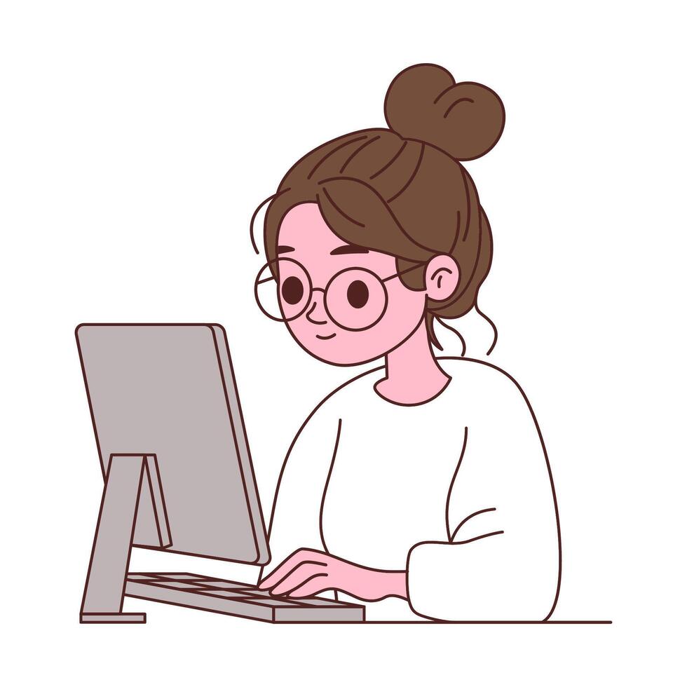 Cute Girl Employee Cartoon Character Typing on Keyboard Working with Computer vector