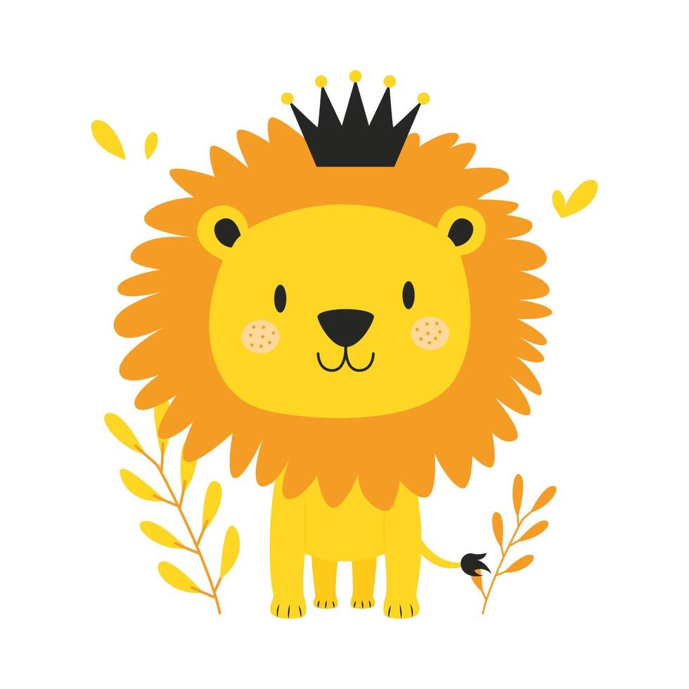 Adorable Lion Leo Animal Cartoon Character Wearing King Crown in the Jungle with Smiling Expression vector
