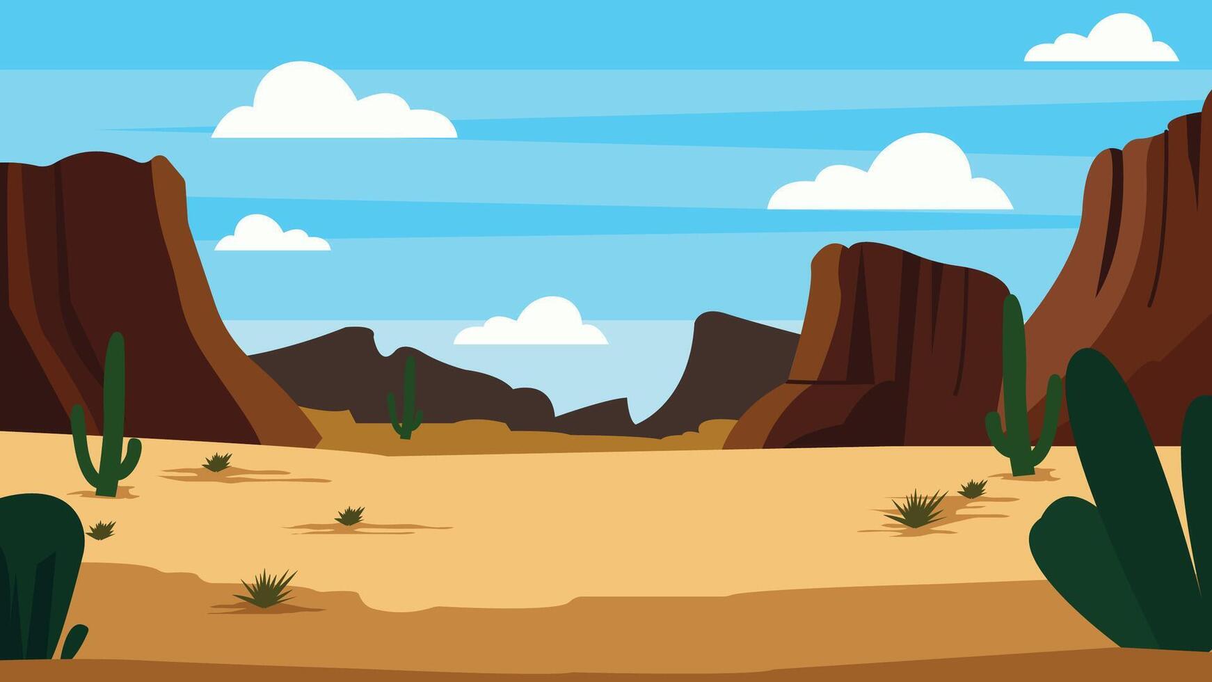 American Desert Nature Panorama Wallpaper with Rocky Cliff and Cactus Plant in Bright Sky vector