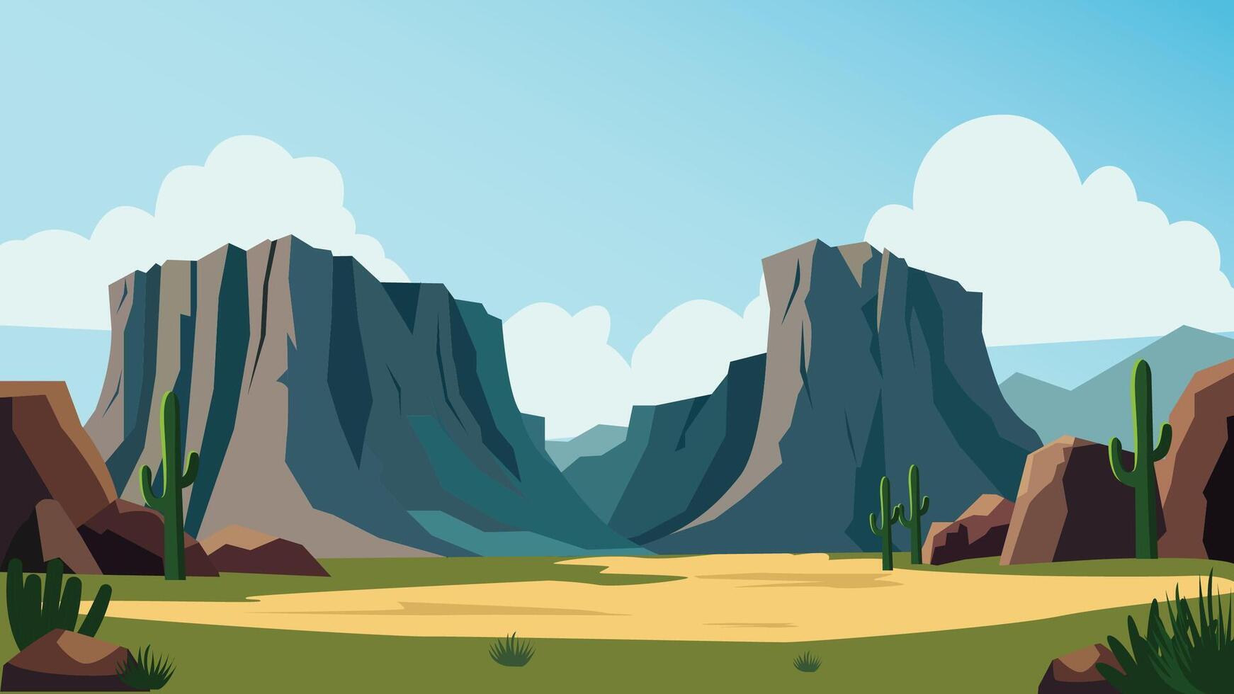 American Desert Nature View Wallpaper with Rocky Cliff and Cactus Plant in Bright Sky vector