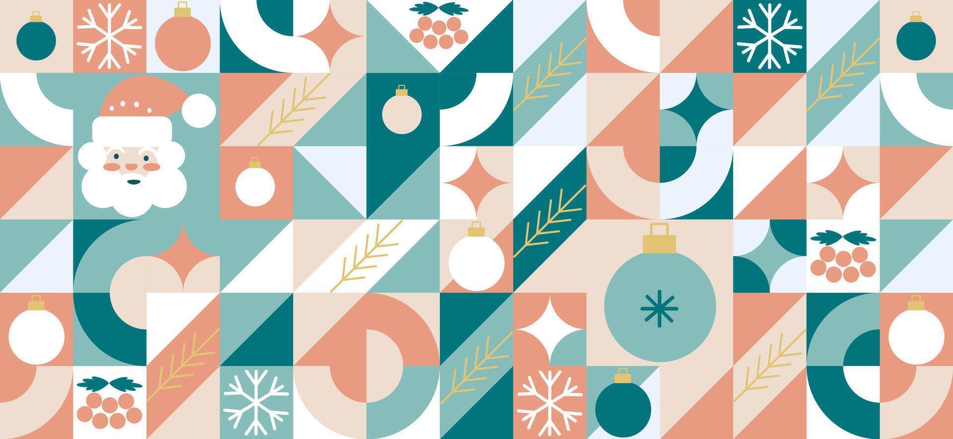 Christmas bauhaus abstract geometric background. Merry Christmas pattern, wallpaper, banner, festive cover design Winter Celebration. Seamless festive mosaic, minimal scandinavian ornament vector