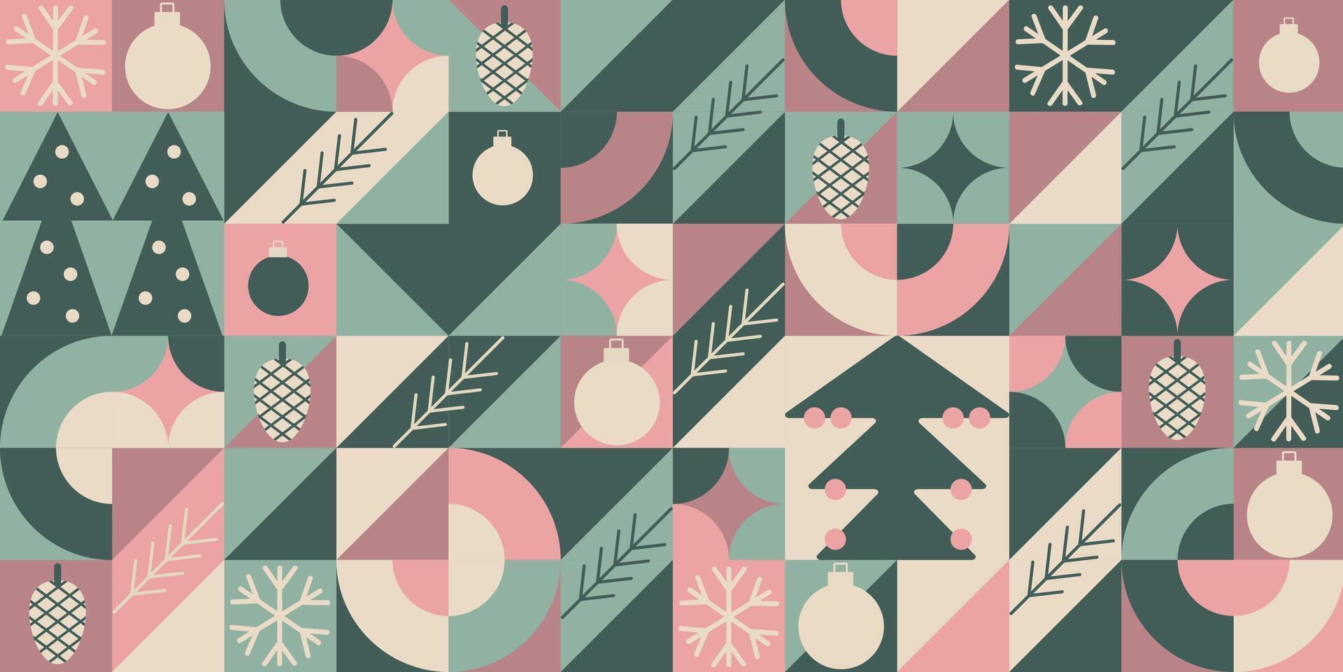 Christmas bauhaus abstract geometric background. Merry Christmas pattern, wallpaper, banner, festive cover design Winter Celebration. Seamless festive mosaic, minimal scandinavian ornament vector