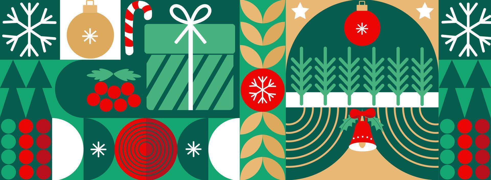 Christmas icons elements with geometric Bauhaus seamless pattern for wrapping paper, background, wallpaper. Holiday season, modern, contemporary abstract design. vector