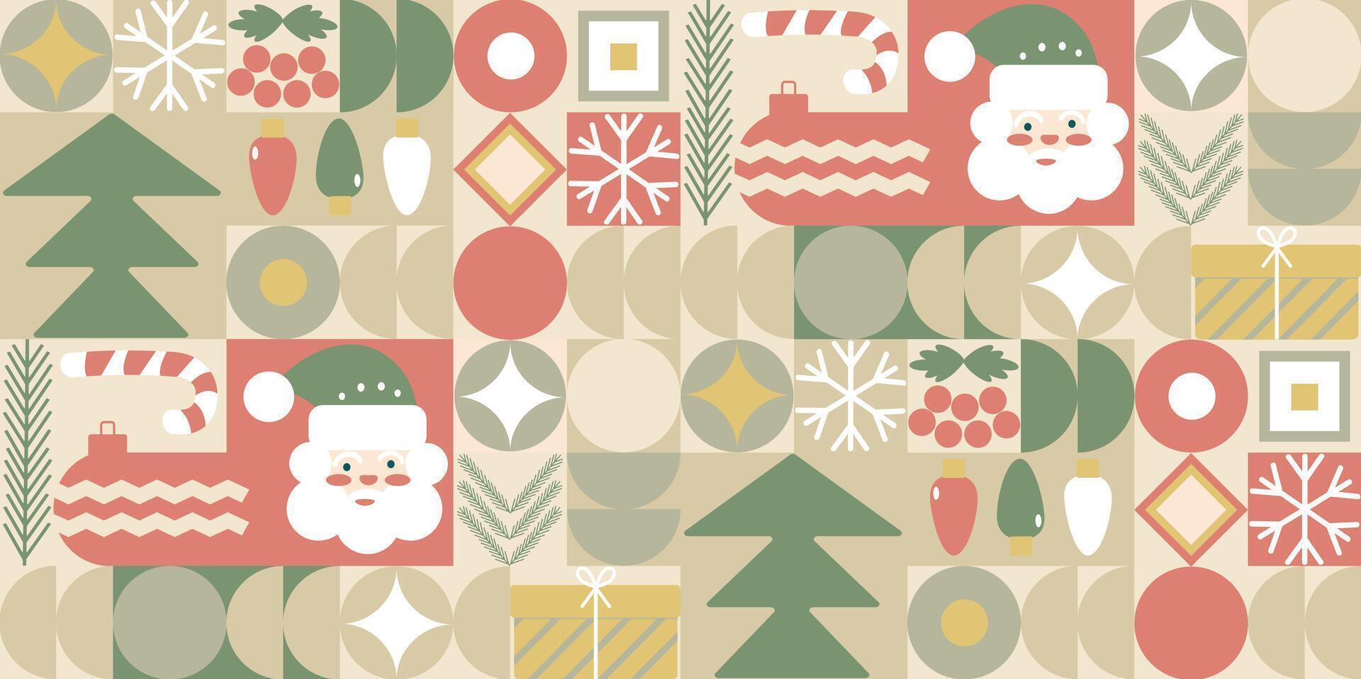 Bauhaus Christmas holiday geometric pattern. Merry Xmas wallpaper, Christmas celebration print or winter season festive design cover. Retro ornament, fabric minimal backdrop with Bauhaus shapes vector