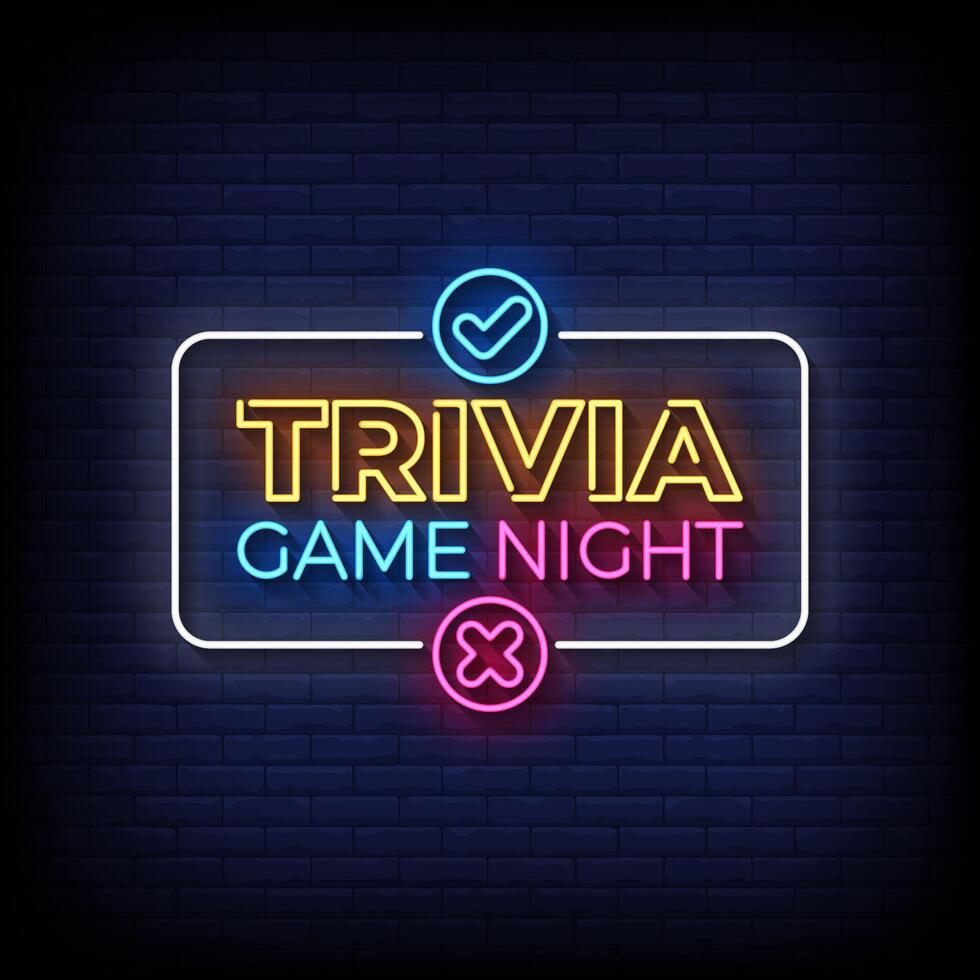 trivia game night neon sign with brick wall background vector