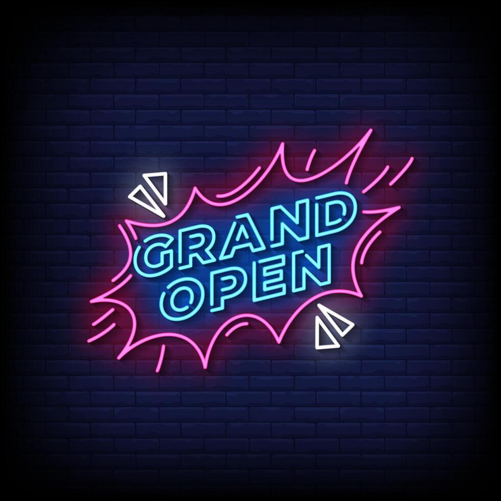 grand open neon sign with brick wall background vector