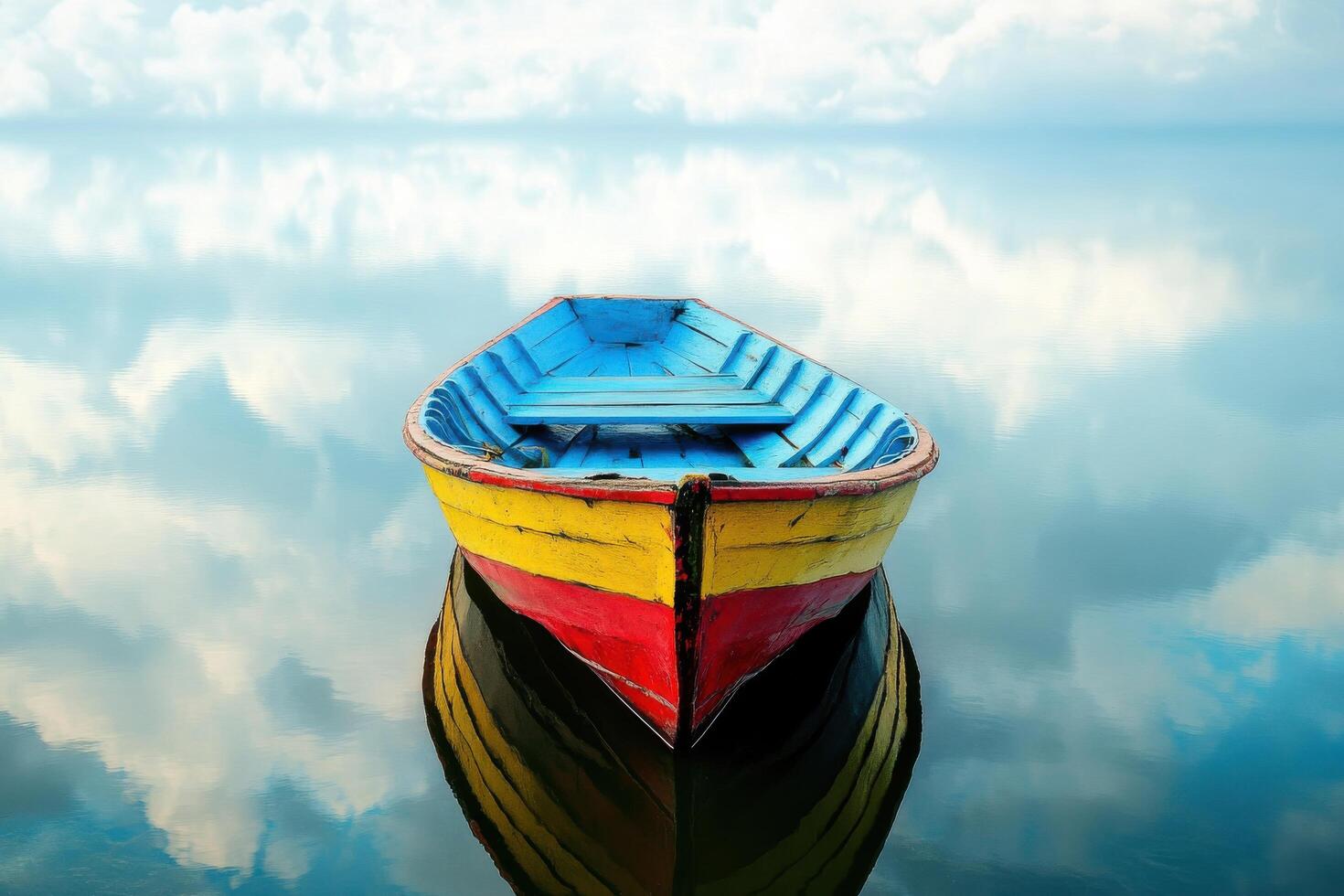 A colorful boat floats serenely on calm waters under a cloudy sky during daylight photo