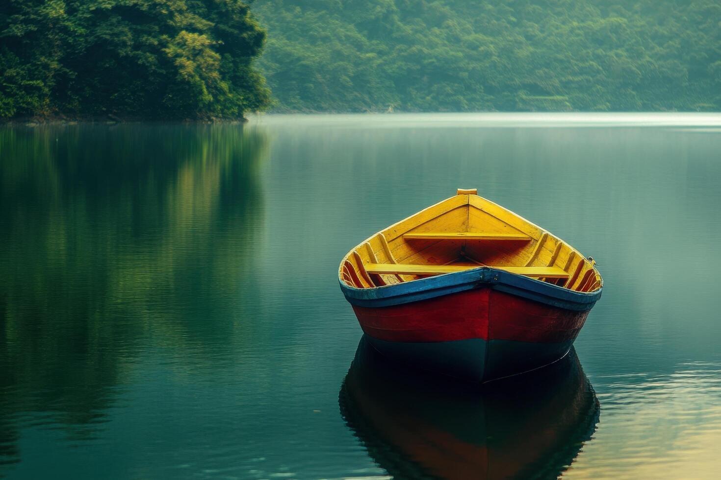 A colorful wooden boat gently floats on calm waters surrounded by lush greenery in the morning photo