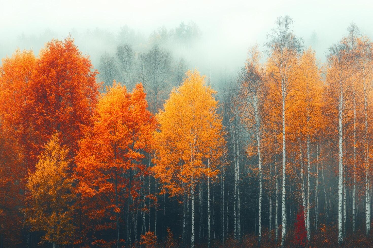 Autumn trees with vibrant orange and yellow foliage under a foggy sky in a serene forest photo