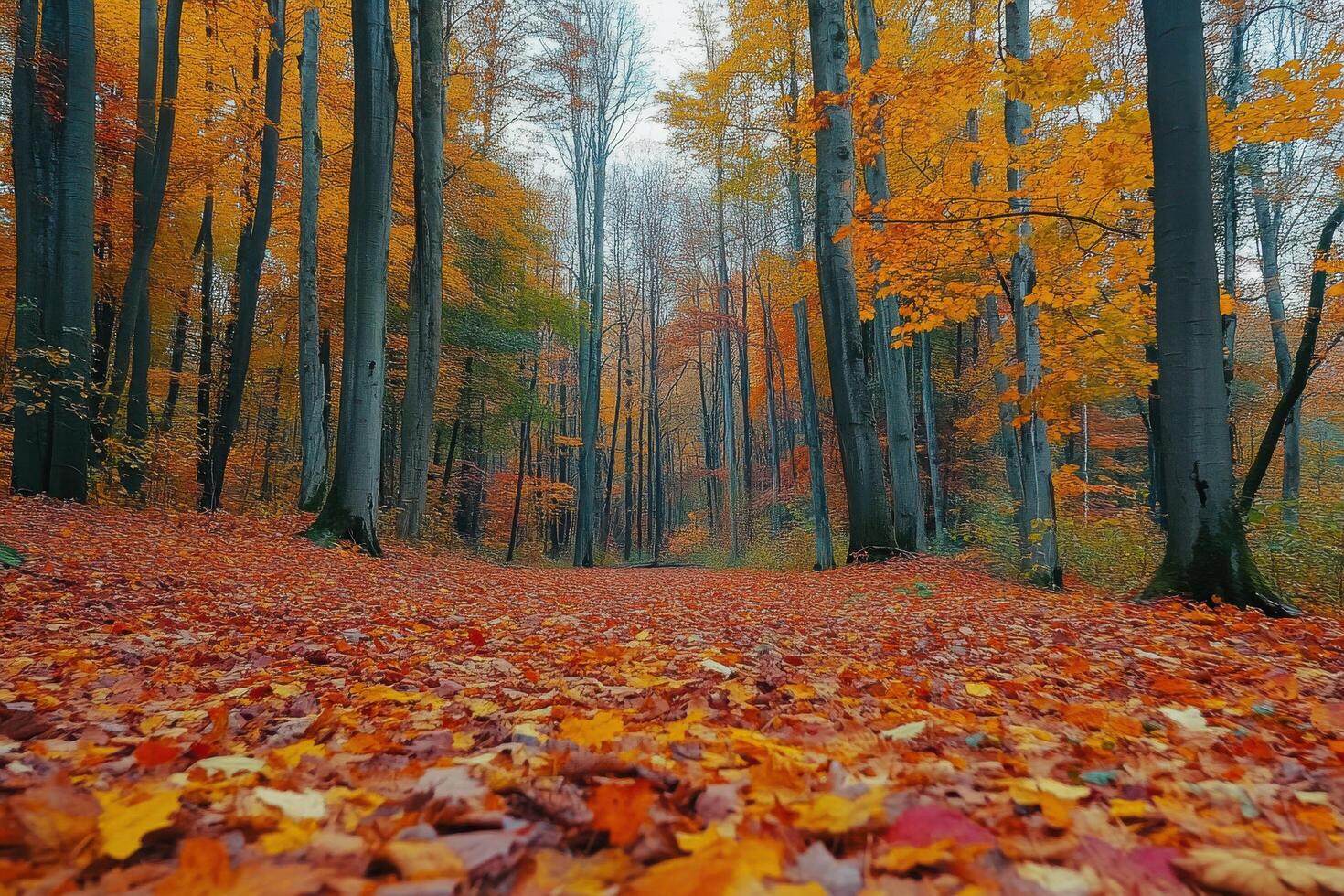 Vibrant autumn foliage lines a serene forest path in a tranquil woodland setting photo