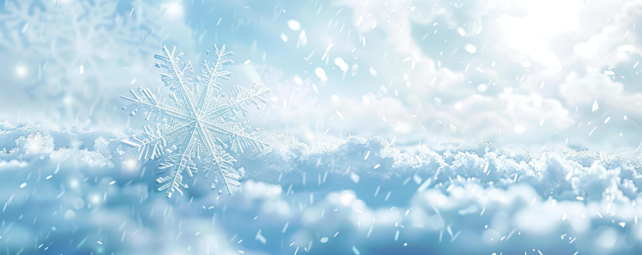A Single Snowflake Falls Against a Blue Sky and Snowdrift Background photo