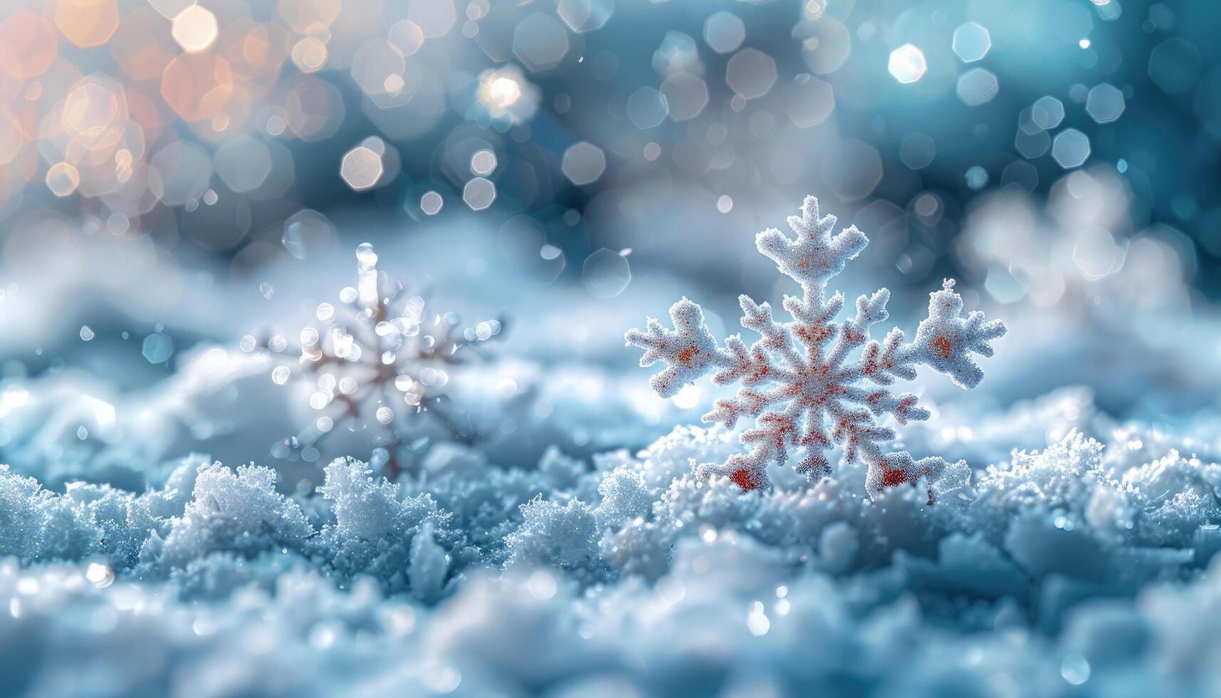 Close-up of a Snowflake on a Snowy Surface with Sparkling Lights in the Background photo