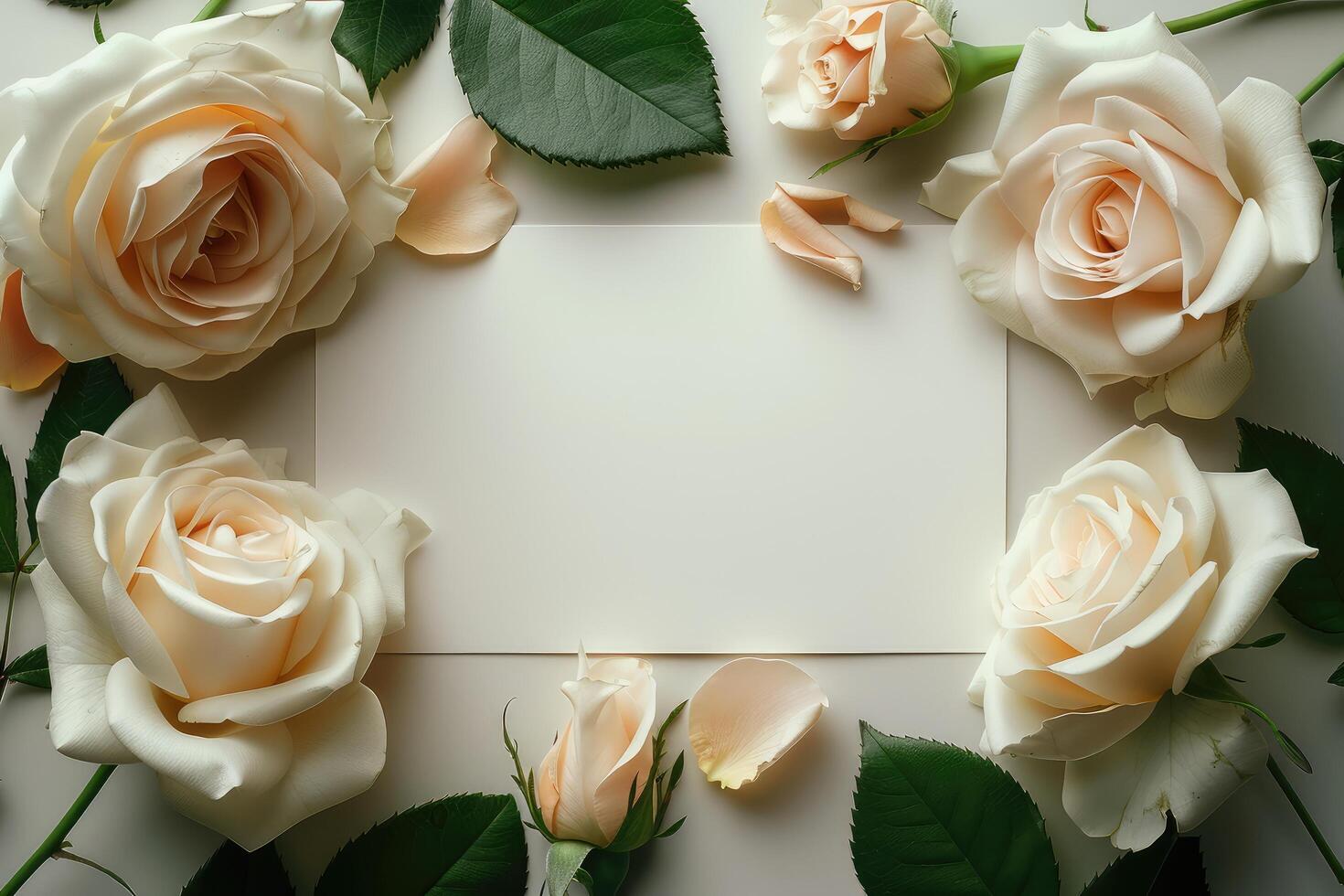 White Roses and Green Leaves Surrounding a Blank Card photo