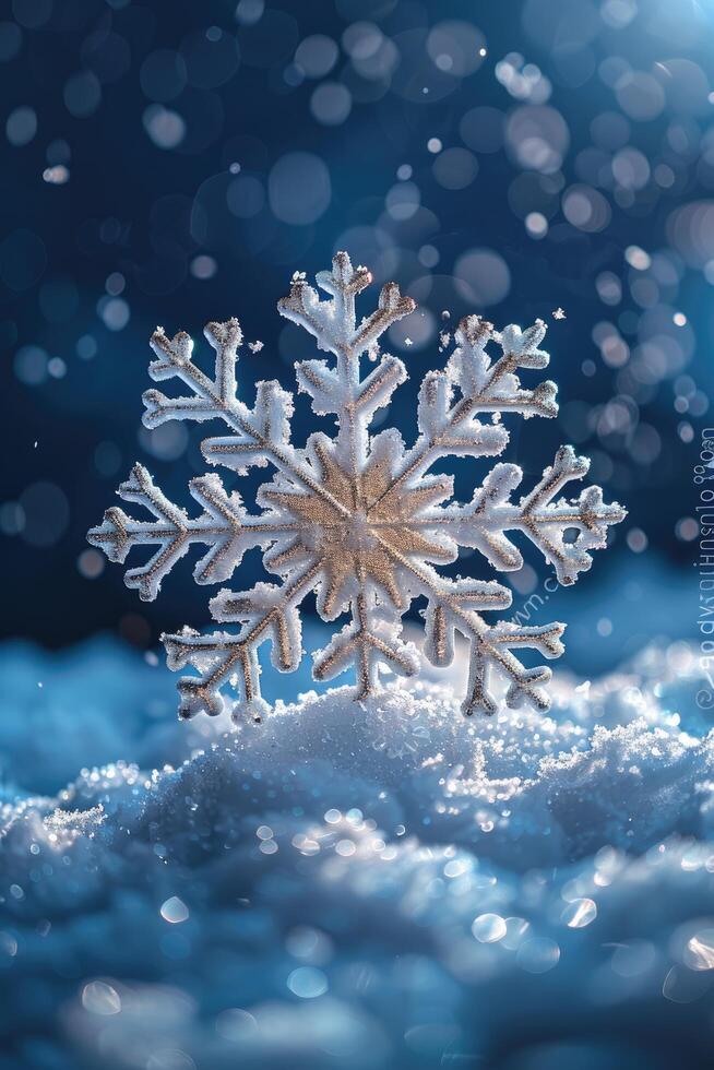 Silver Snowflake Resting on Snow with a Blue Bokeh Background photo