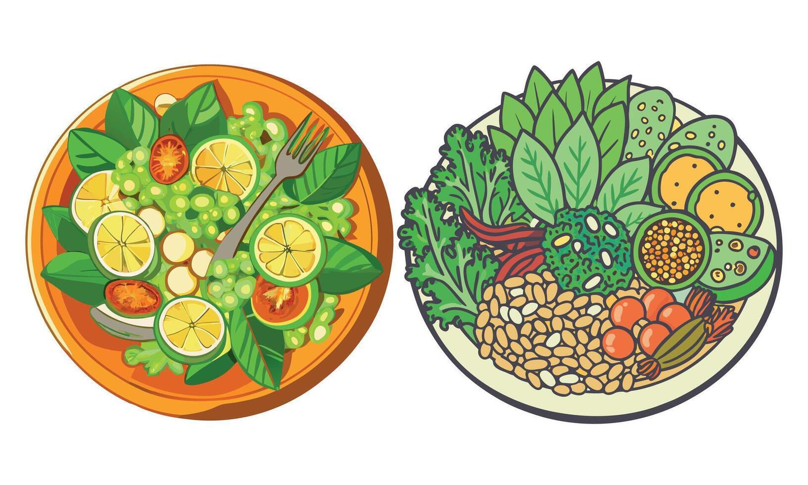 Two plates with different types of vegetables and fruits vector