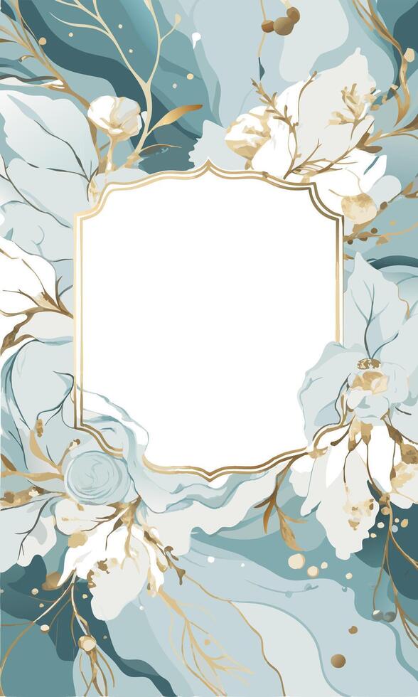 Gold frame with flowers and leaves on a blue background vector