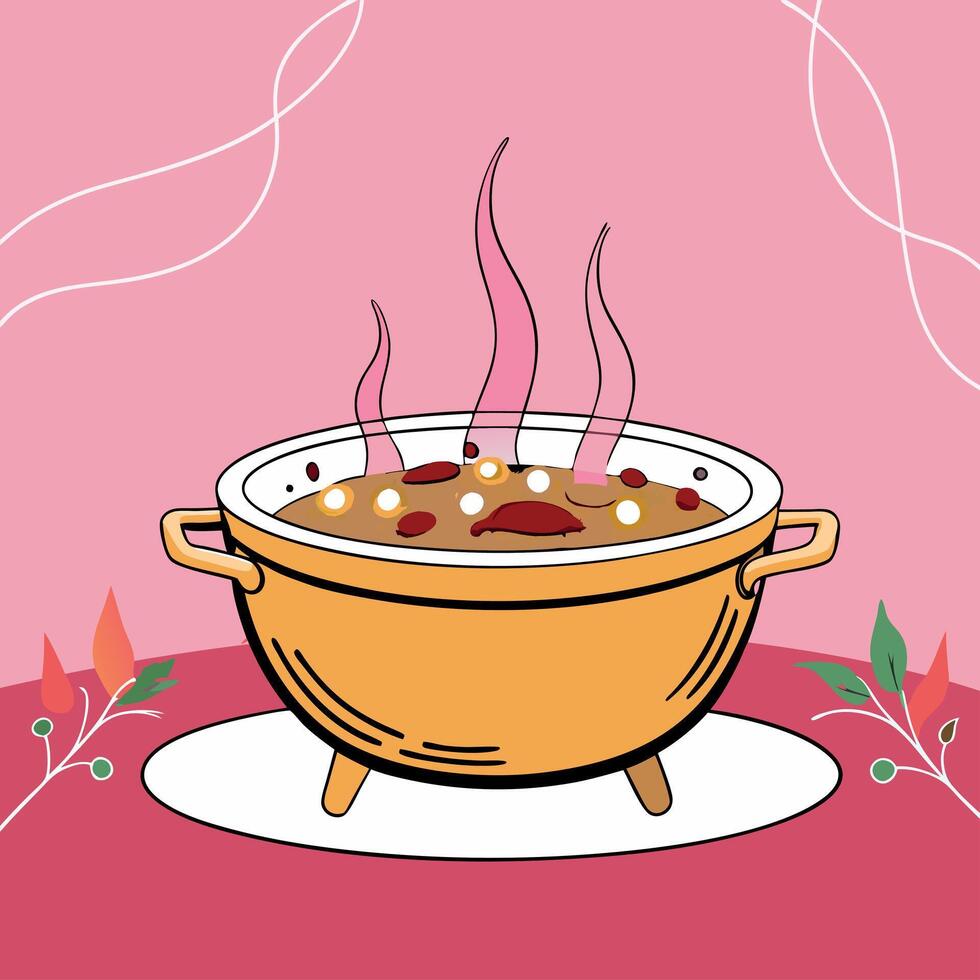 A pot of soup with steam coming out of it vector