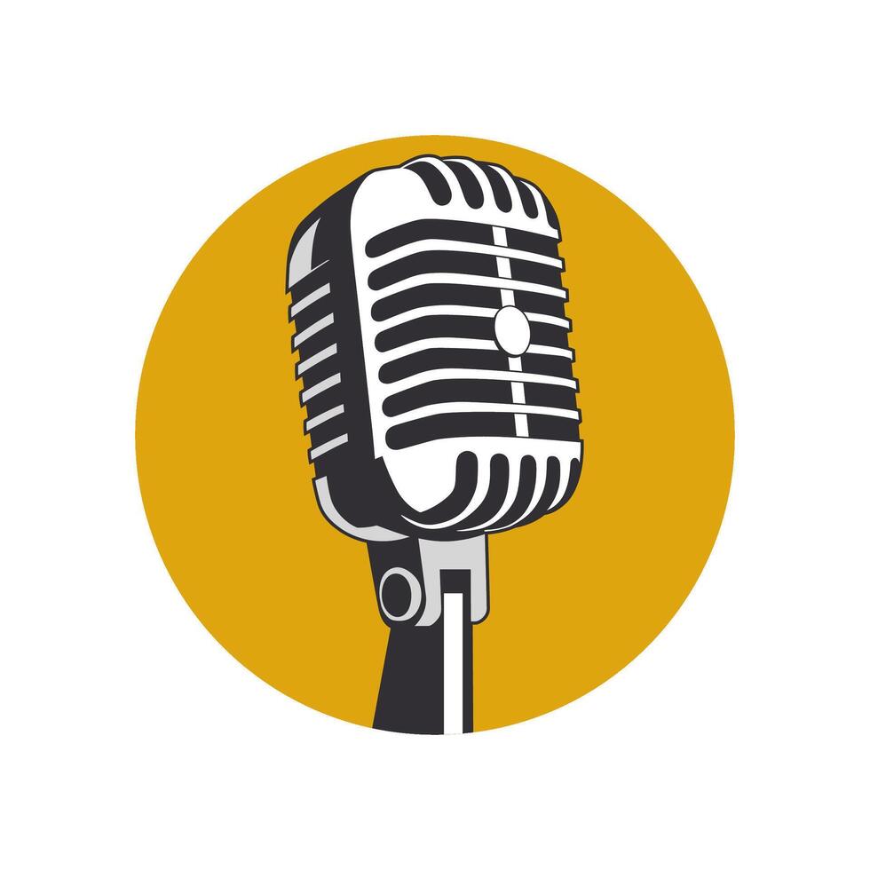 A classic vintage microphone with a retro design, set against a vibrant yellow circle vector