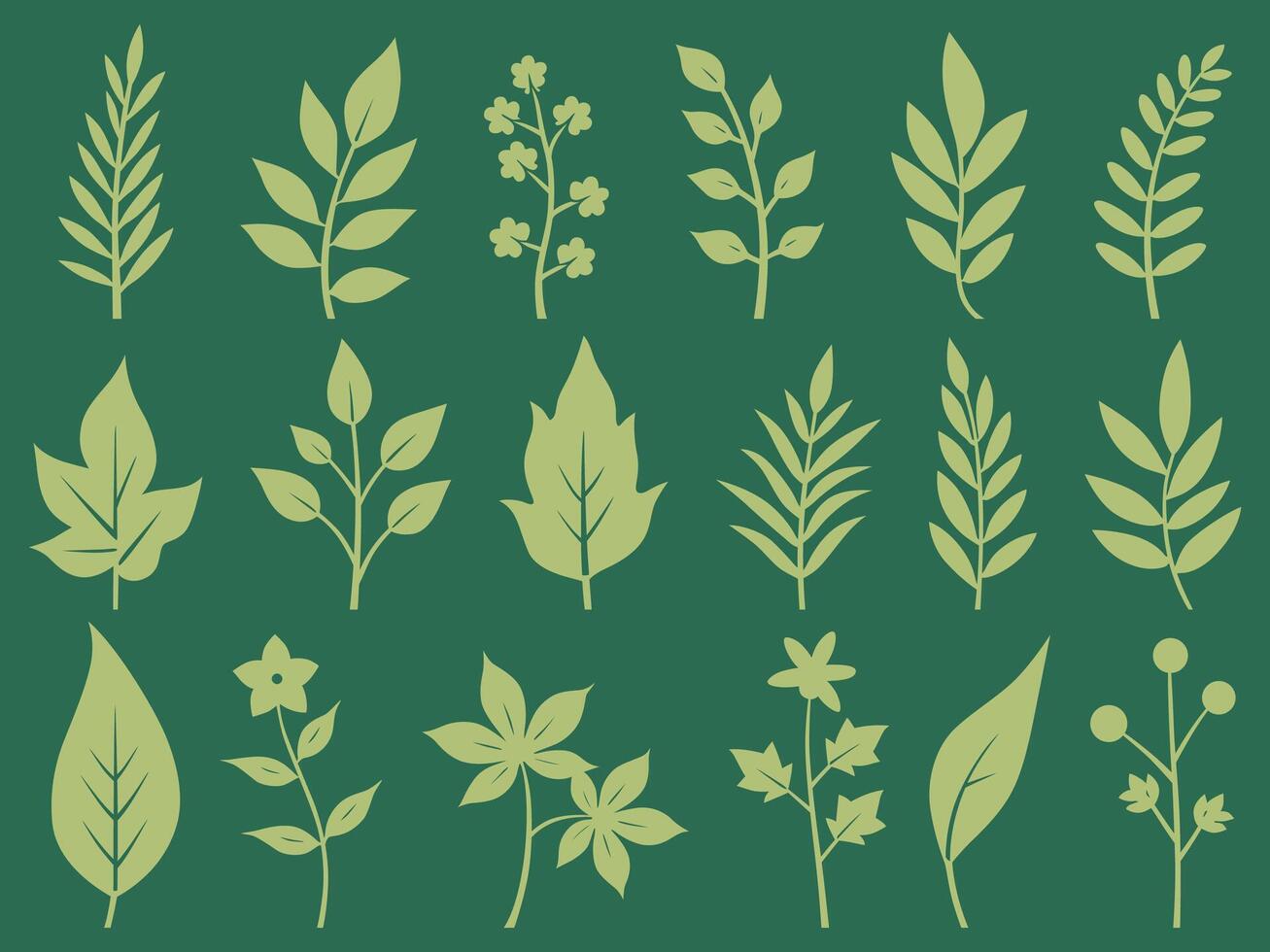 Collection of green silhouette illustrations of various leaves and floral elements vector