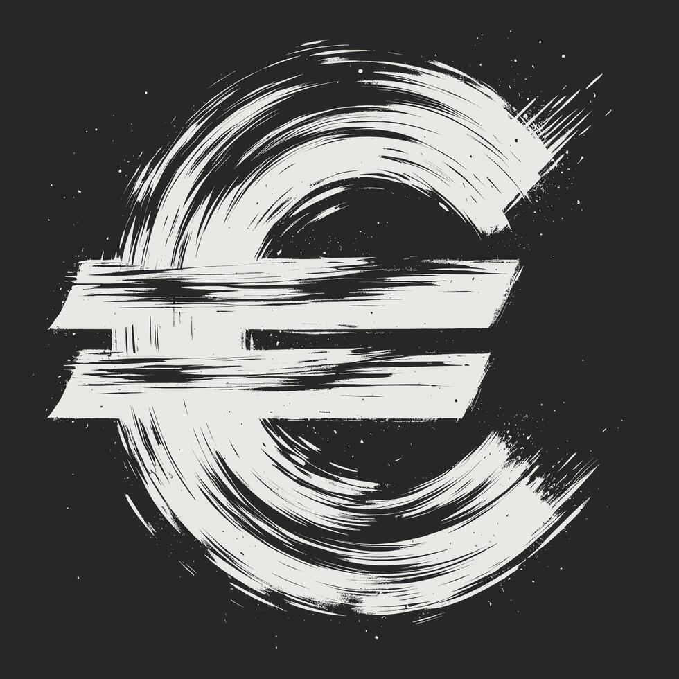 A stylized black and white Euro sign, rendered in a bold, abstract brushstroke style vector