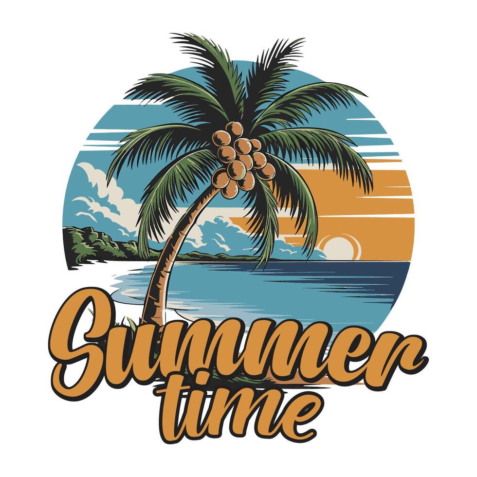 Summer time Tropical Island T-Shirt Design with Palm Trees vector