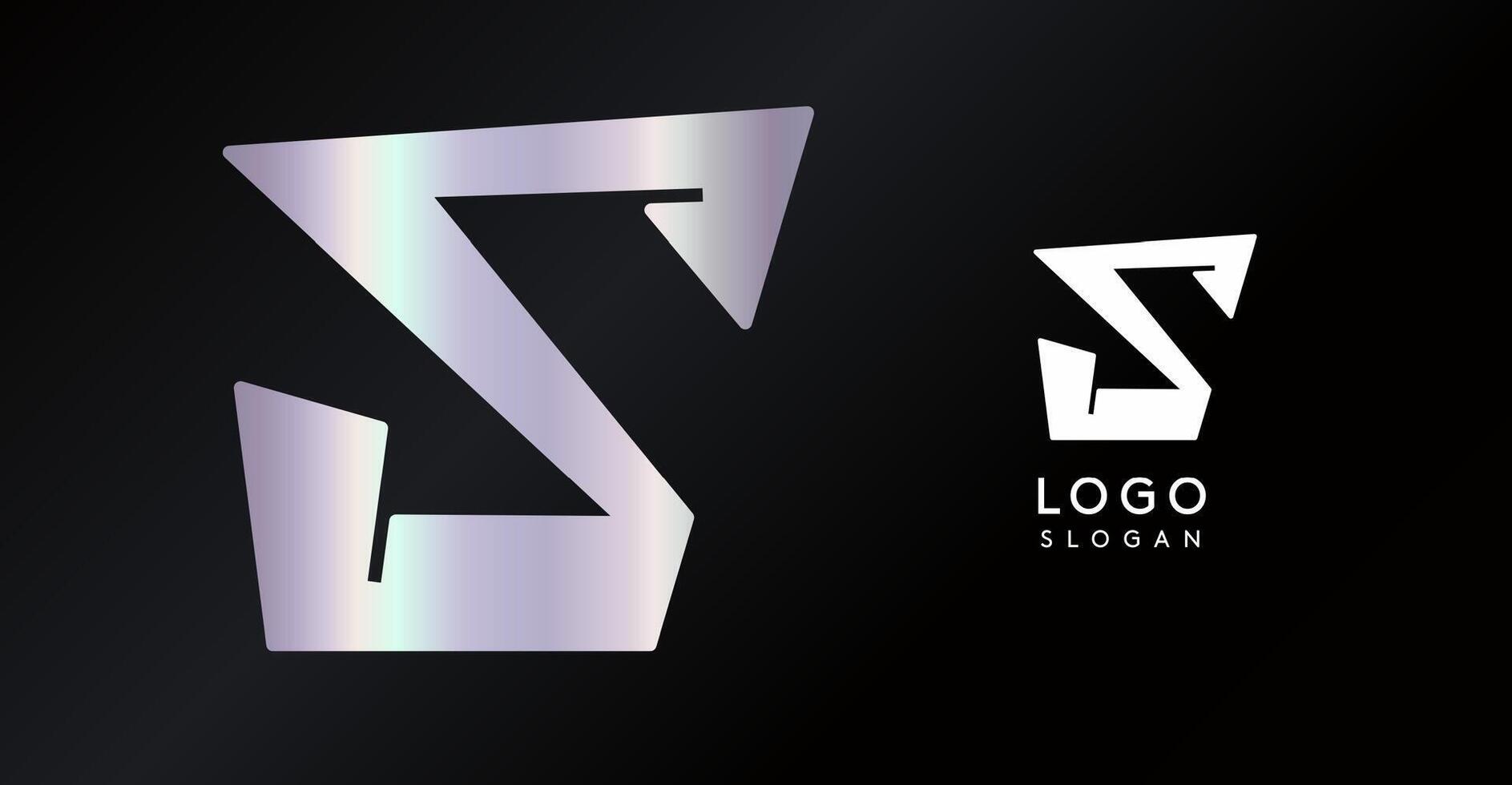 Geometric triangular S letter, abstract dynamic logo, modern holographic gradient monogram for gaming, technology, urban art, innovation, streetwear brand, sci-fi cybersport. illustration vector