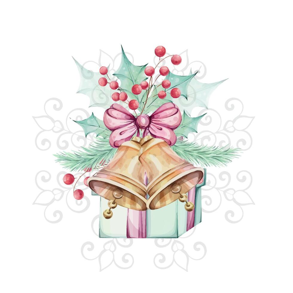 Watercolor christmas jingle golden bell with bow, with holly green leaves, red berries and fir. Gift with red bow, green box for celebration. Isolated. Winter composition, decor. Illustration hand drawn for design, printing, greeting cards. clip art vector