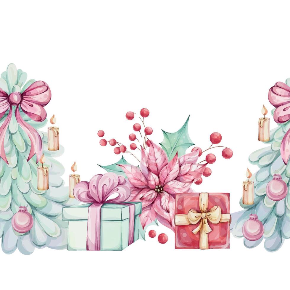 Watercolor seamless border - green Christmas tree arrangement, candle with fir and gift. Cartoon romantic style. For Merry Christmas winter card. Hand painted illustration. clip art vector