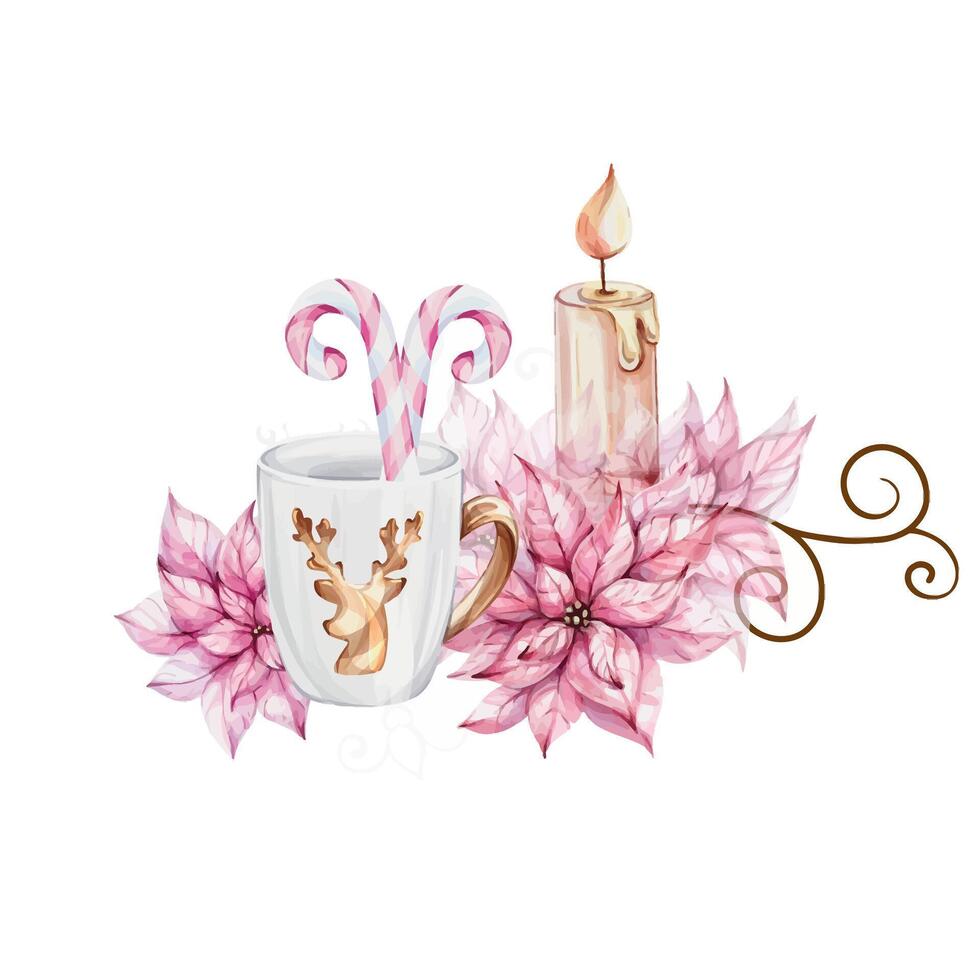 Watercolor Christmas white mug with gold reindeer with openwork snowflake, isolated. Candy cane, candle, poinsettia flowers. Noel. Border, elements for new year greeting cards, invitation, poster, celebration, banner, print, party. clip art vector