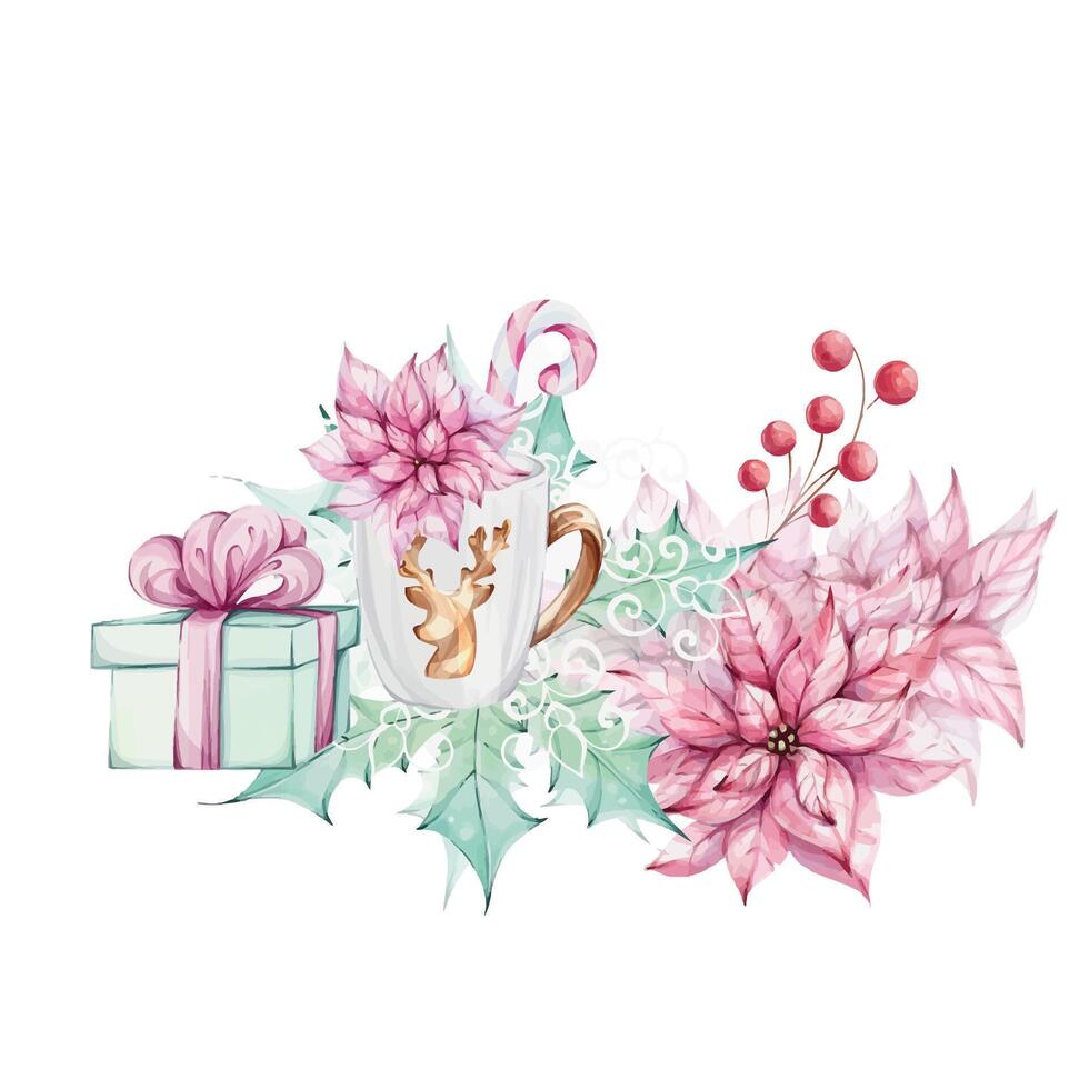 Watercolor Christmas arrangement red lantern with Red poinsettia and holly green leaves, gift and mug, isolated. Romantic retro style. Winter festive decor. Hand drawn watercolor illustration isolated on white background. clip art vector