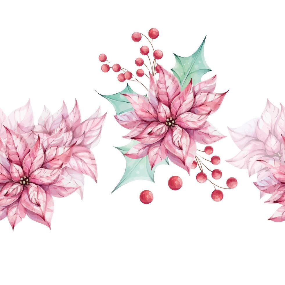 Christmas watercolor seamless border - Red poinsettia flowers bouquet, compositions with holly green leaves and mistletoe, red berries. Winter composition, decor. December nature. Illustration hand drawn for design, printing, greeting cards. clip art vector