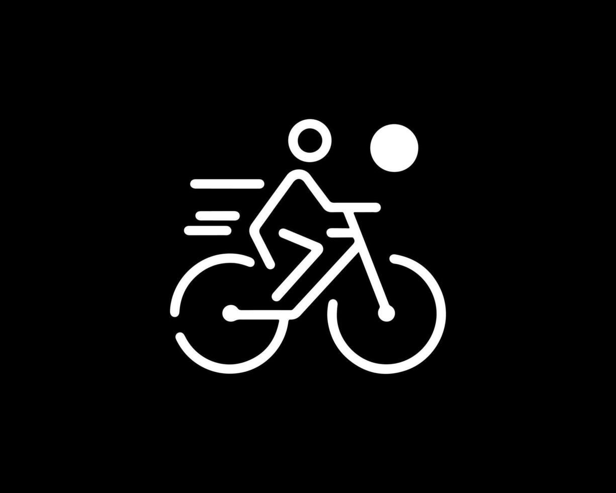 A white line icon of a man riding a bicycle vector